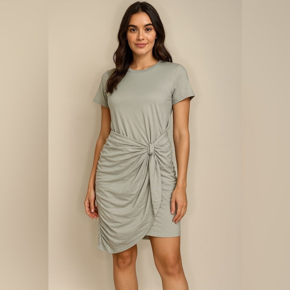 MEROKEETY Tie Waist T-Shirt Dress Light Sage Green M | Short Sleeve Casual Dress